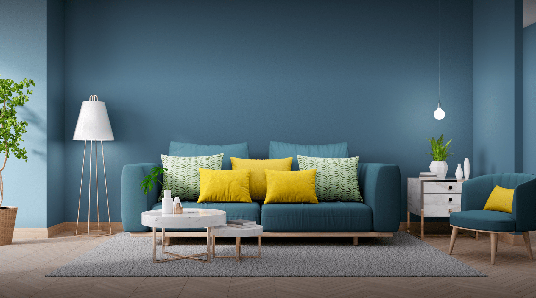 Lounge Room fully furnished with blue theme